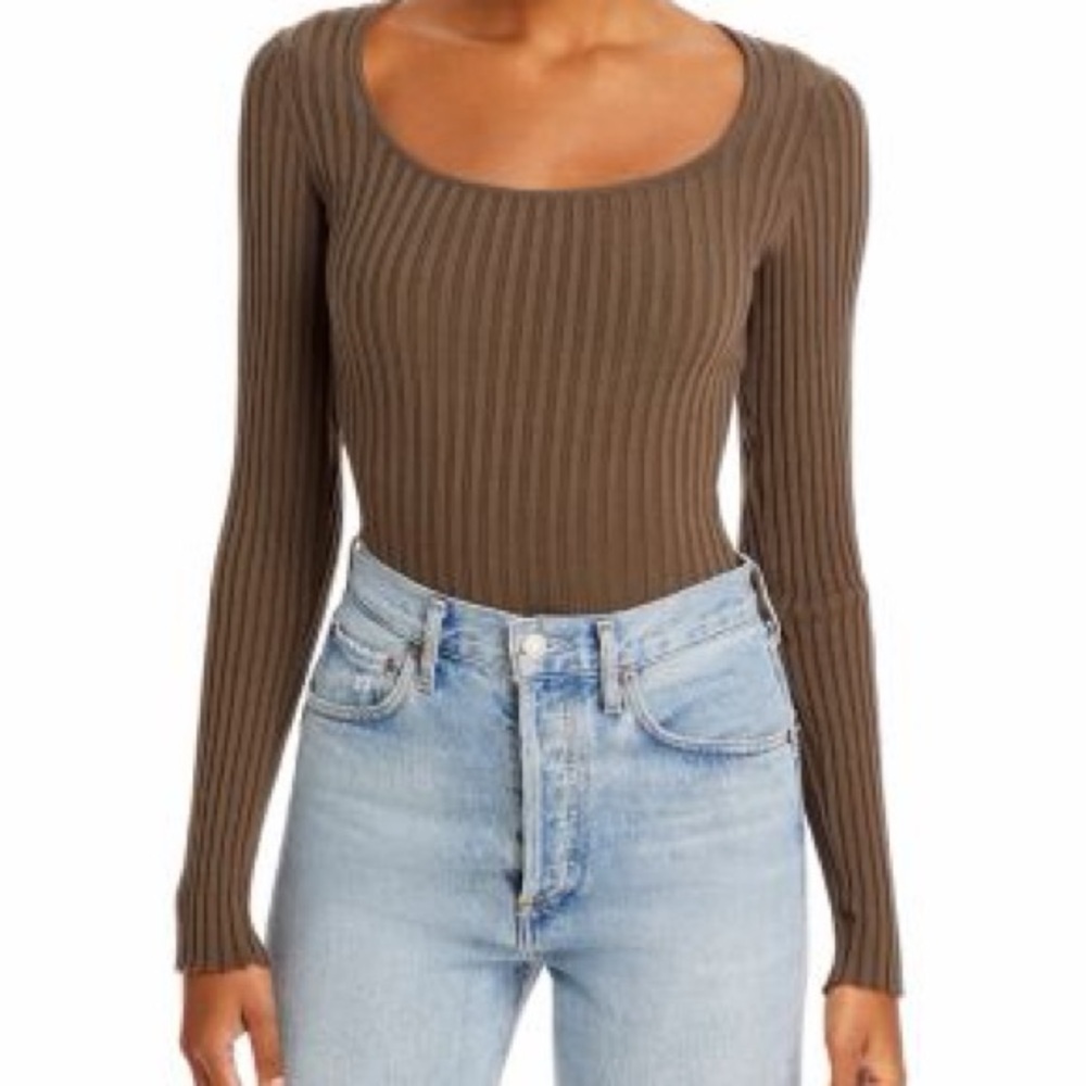 Anine Bing Felicity Ribbed Knit Bodysuit in Olive - Picture 4 of 14